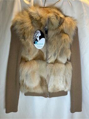 Pasha & Jo Coyote Fur & Wool Knit Zip Front Jacket Luxury Winter Coat xs y2k
